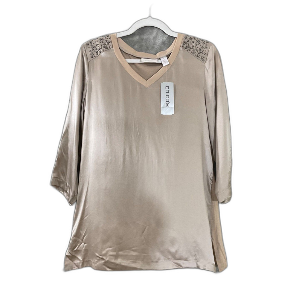 NWT Chico’s silk blend Tunic Blouse Top Women's 1 Med. Embellished Holiday